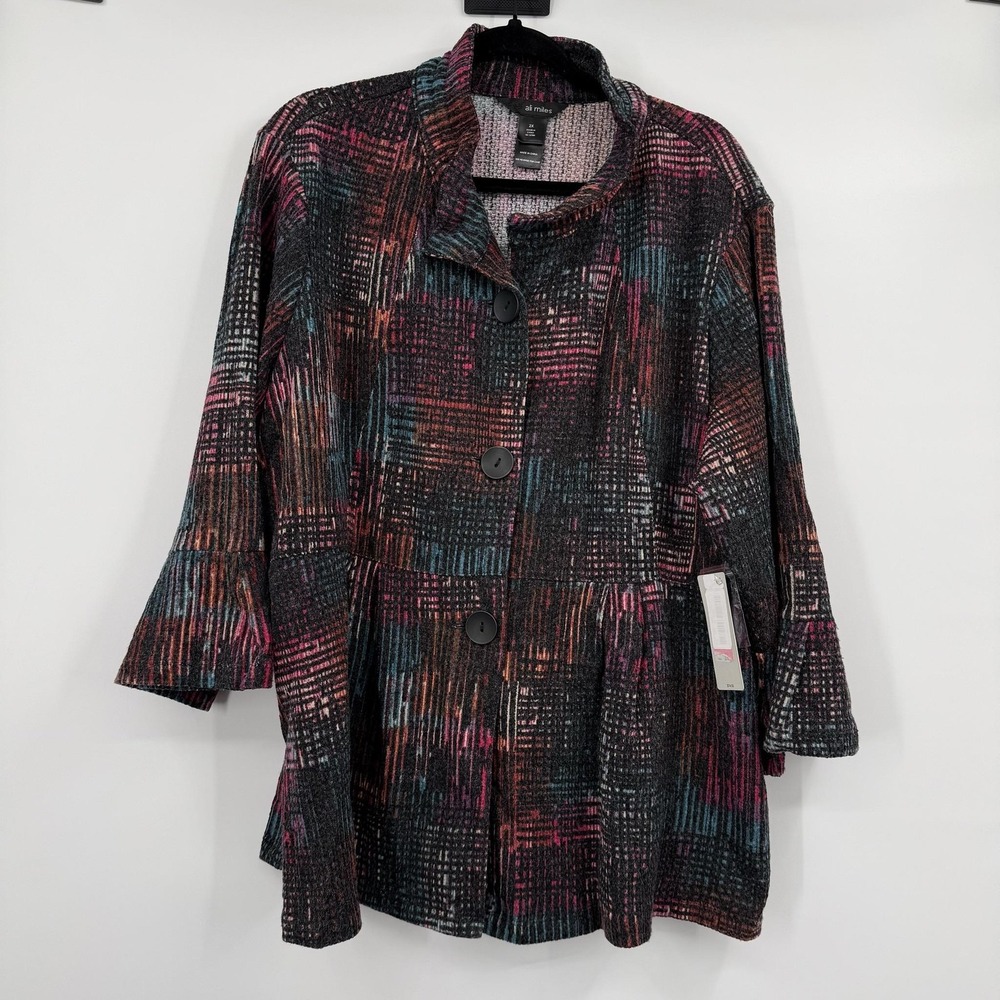 Ali Miles Coatigan Womens 2X Black Plaid Collared Mid-Length Button Pockets